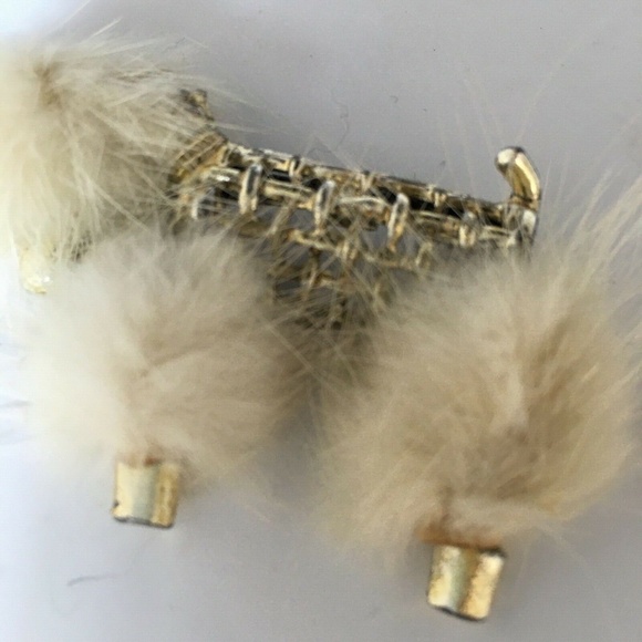 Vintage Poodle Brooch Real Fur Rhinestone Collar & Eye Gold Tone Mid Century 50s - Picture 4 of 5